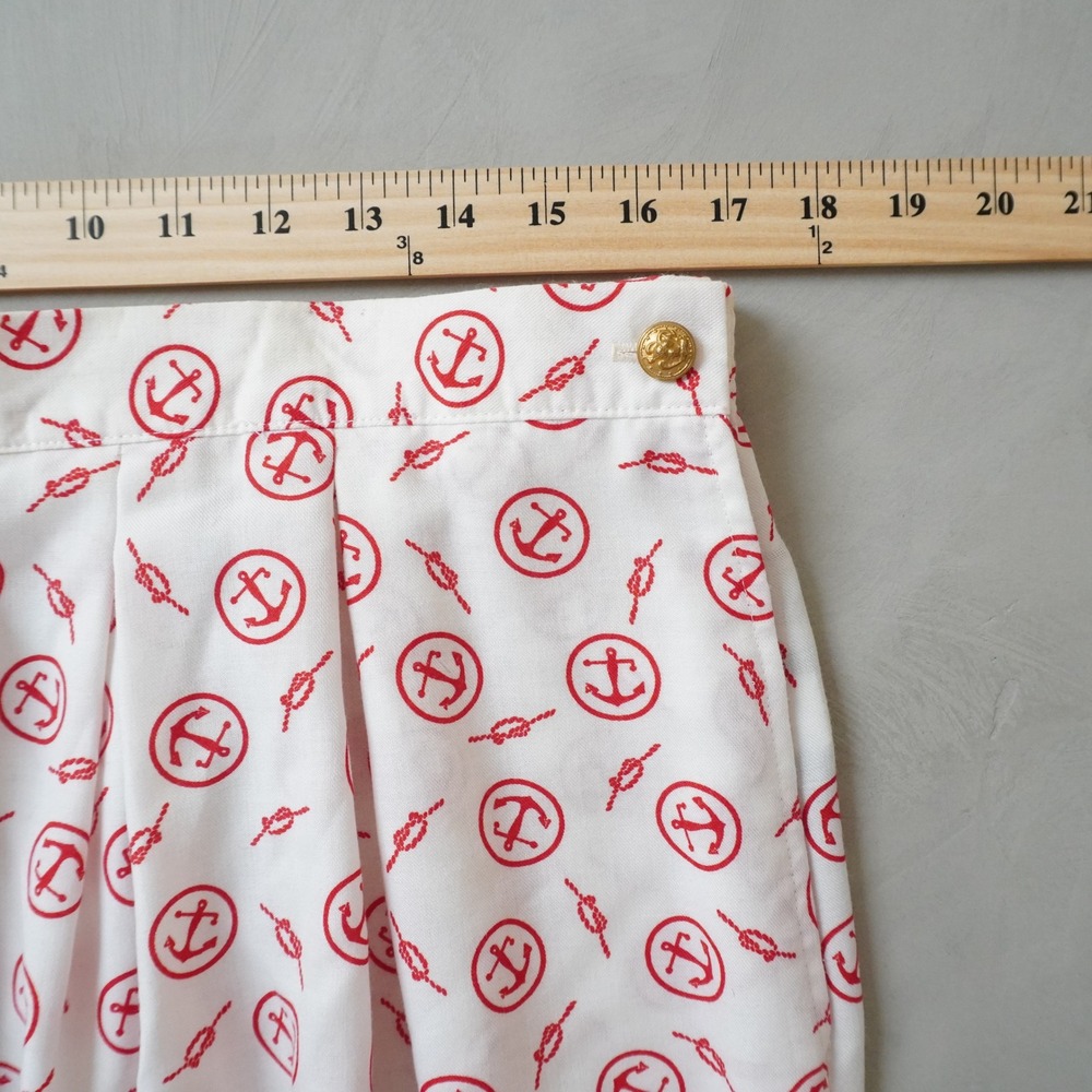 Vintage Anchor Print Midi Skirt Medium Womens White Red Pleated Coastal - Picture 6 of 7